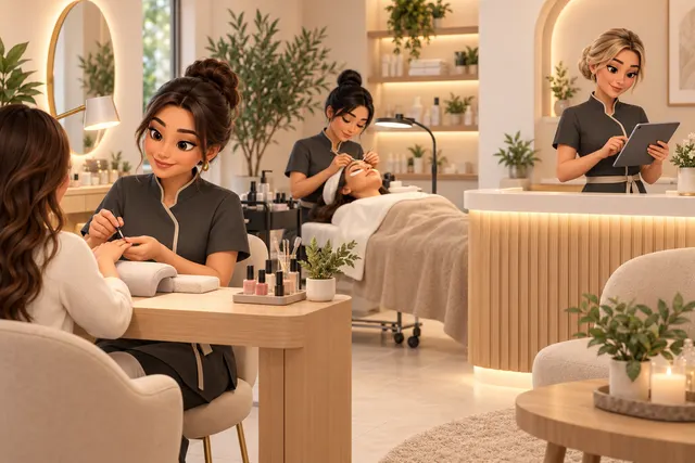 Equipa de um salão de estética: manicure, extensão de pestanas e receção a consultar a agenda no tablet