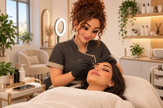 Esteticista a fazer design de sobrancelhas a uma cliente no seu estúdio